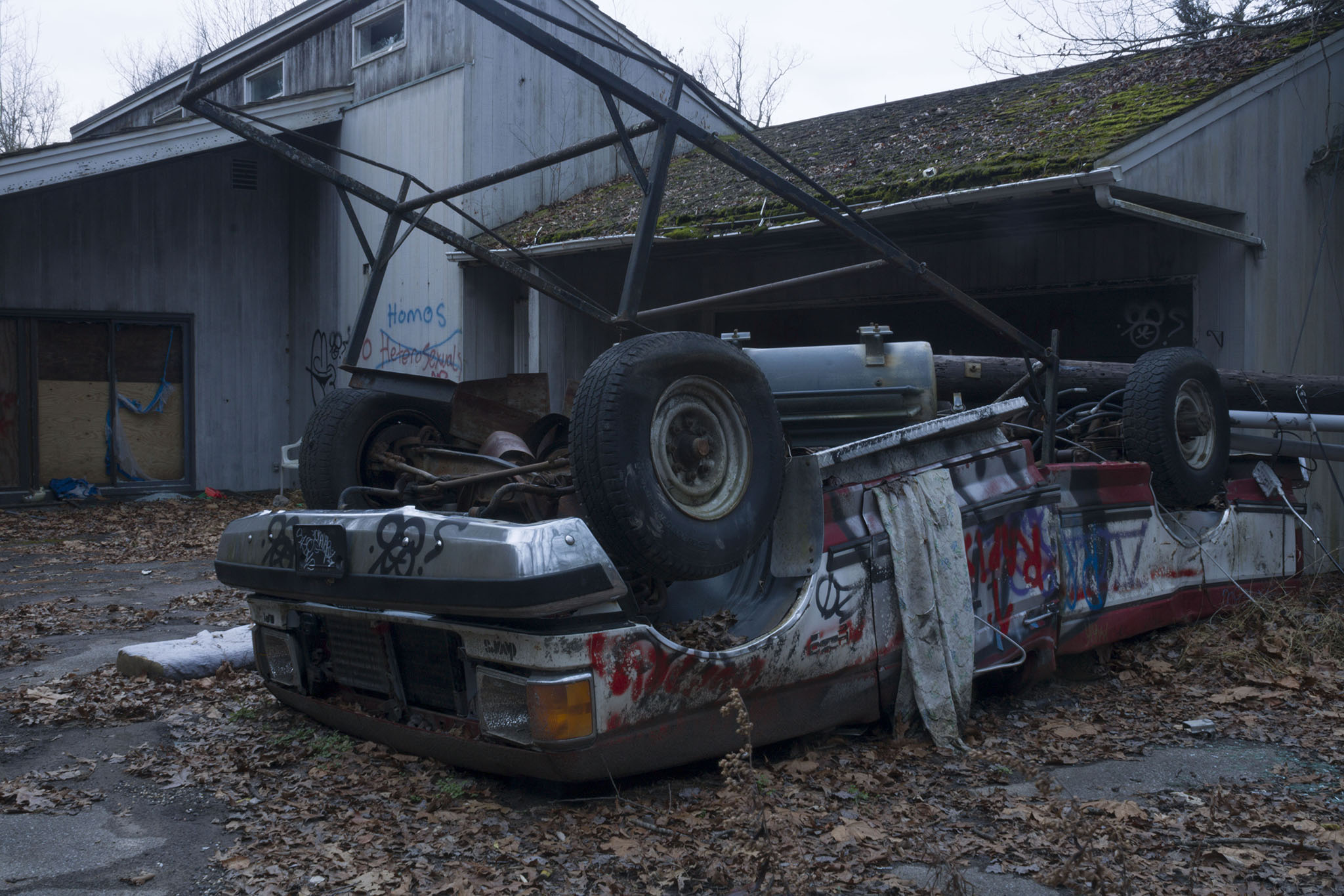 Somehow someone or something was able to flip this truck on its backside.